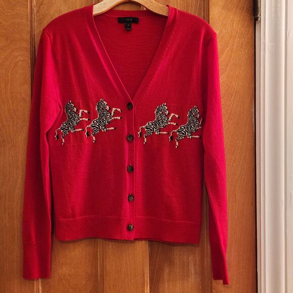 J. Crew NWOT Red 100% Merino Wool Zebra Novelty Print Cardigan Sweater Size S - Picture 3 of 11